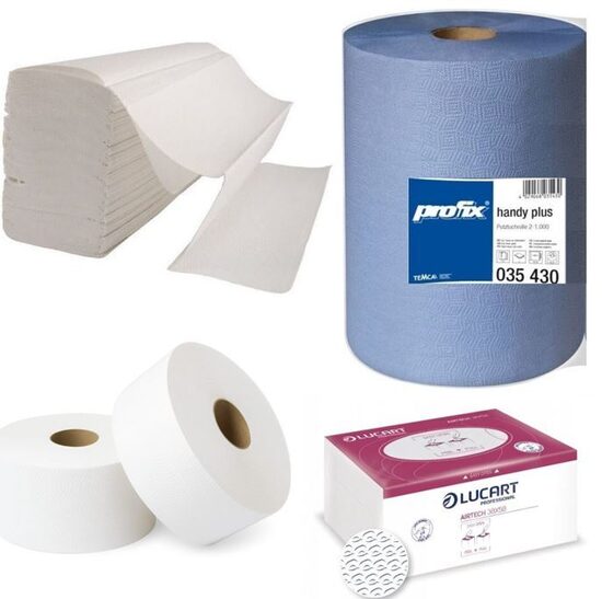 Papīra produkti- salvetes, papīra ruļļu dvielis, tualetes papīrs, uc.