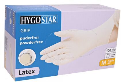 Lateksa cimdi "Hygostar Grip", bez pūdera, baltā krāsā, 100 gb,
