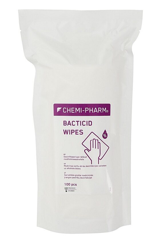 Chemi-Pharm Bacticid Wipes medicīnas ierīču ātrās dezinfekcijas salvetes uz alkohola bāzes 100gab.