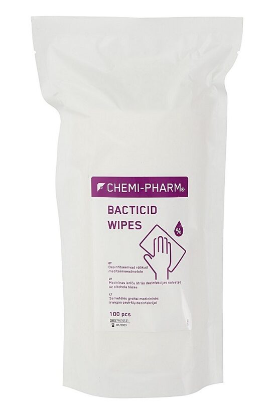 Chemi-Pharm Bacticid Wipes medicīnas ierīču ātrās dezinfekcijas salvetes uz alkohola bāzes 100gab.
