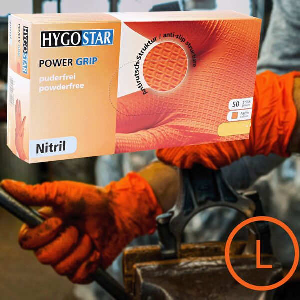 Nitrila cimdi autoservisam un rūpniecībai, "Power Grip", Orandži 50 gb, izmērs- L