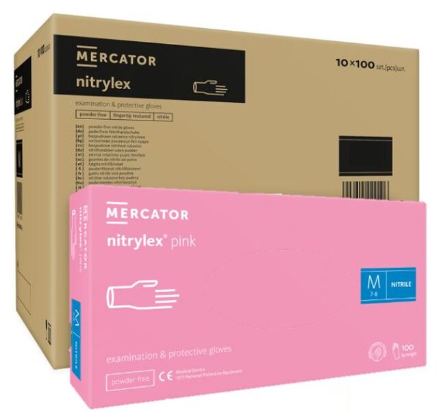 Nitrila cimdi, rozā, nepūderēti «Mercantor nitrylex», transporta kaste 10x 100 gb