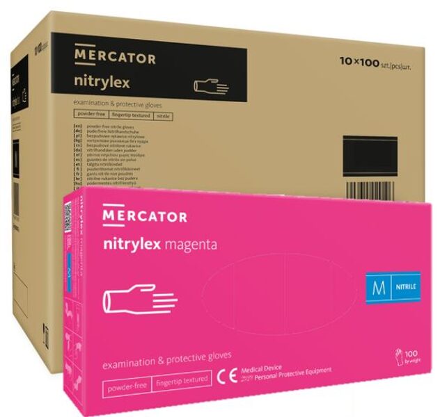 Nitrila cimdi, rozā, nepūderēti «Mercantor nitrylex», transporta kaste 10x 100 gb