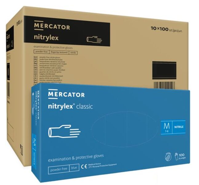 Nitrila cimdi, zili, nepūderēti «Mercantor nitrylex», transporta kaste 10x 100 gb